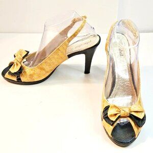 Pilar Abril Size 10 Peep Toe Slingback Heels Gold Leather Croc with Bow EU 41